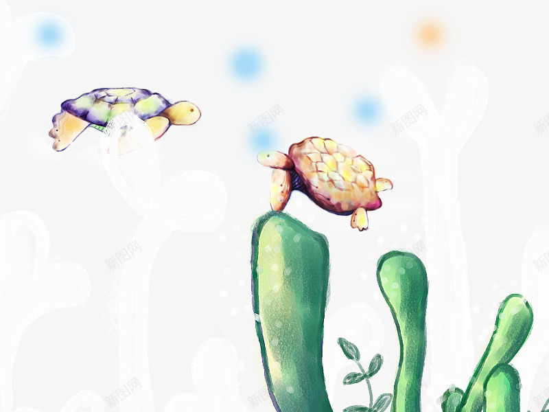 手绘两只海龟png免抠素材_新图网 https://ixintu.com 两只海龟 手绘海底生物 手绘海龟 泡泡 绿色水草