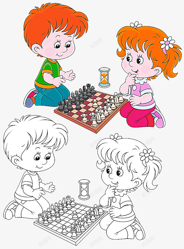 下国际象棋的男孩女孩卡通画png免抠素材_新图网 https://ixintu.com 国际象棋 棋类运动 沙漏 男孩女孩