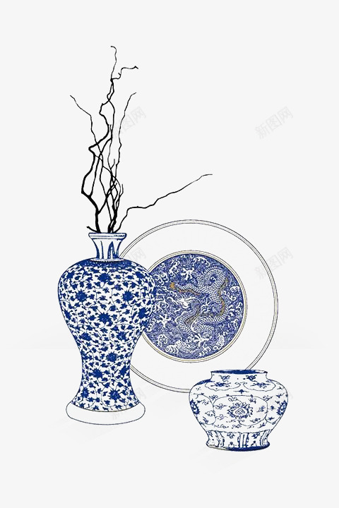 陶瓷花瓶里的枝丫png免抠素材_新图网 https://ixintu.com 瓷器 蓝色 装饰 青花瓷