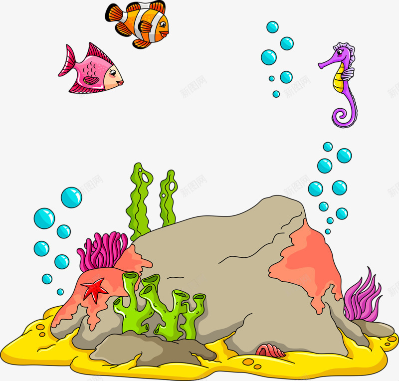 海底世界png免抠素材_新图网 https://ixintu.com 吐泡泡 岩石 海草 鱼类