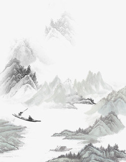 划船游玩在山水间的水墨画高清图片