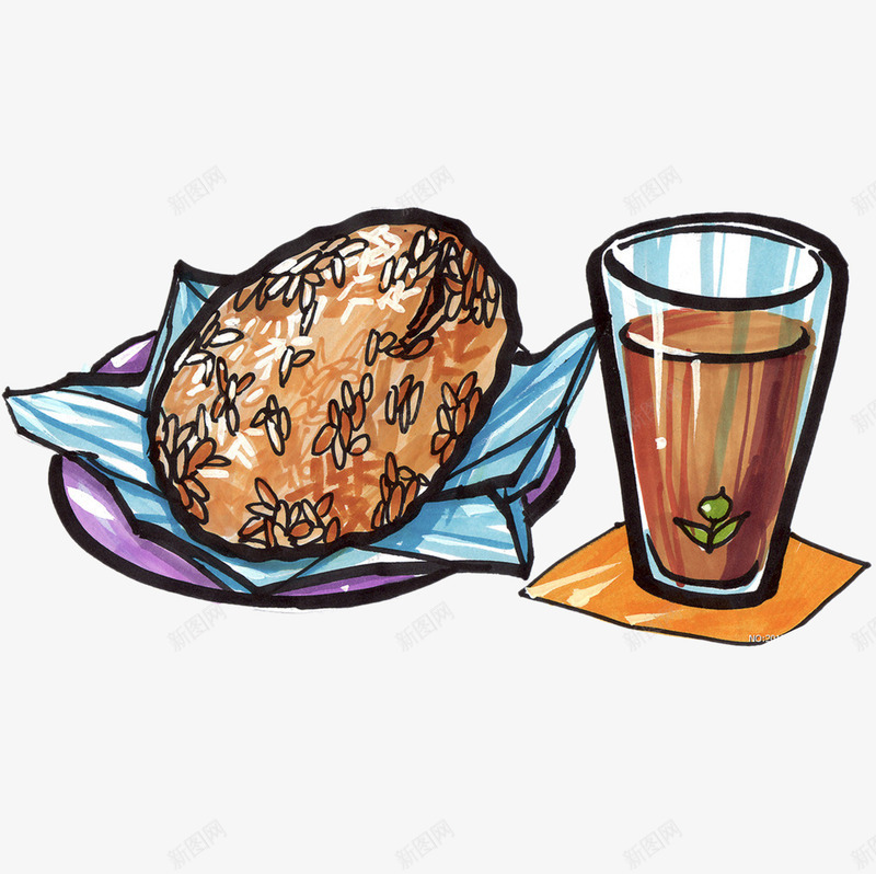 汉堡可乐png免抠素材_新图网 https://ixintu.com 卡通 可乐 手绘 棕色 水墨 汉堡 紫色 蓝色