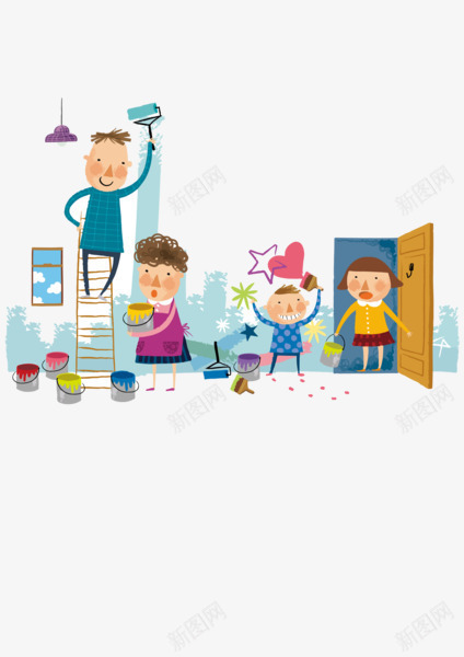 装修房子的一家人png免抠素材_新图网 https://ixintu.com 一家人 刷漆 卡通