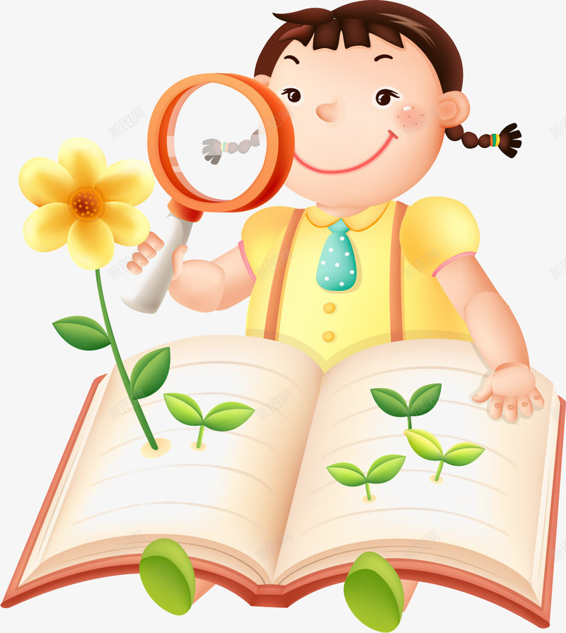 学习插画png免抠素材_新图网 https://ixintu.com 书本上的花朵 学习插画 拿着放大镜的女孩