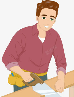 一个工人师傅卡通手绘装修工人锯子锯木板高清图片