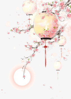 桃花树枝水彩手绘古风桃树灯笼高清图片