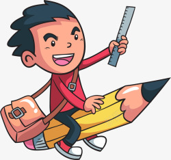 开学季骑着铅笔的小男孩素材