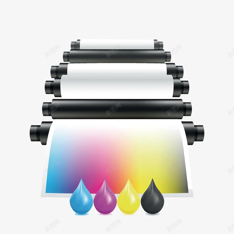色彩打印机广告png免抠素材_新图网 https://ixintu.com 墨盒 复印机 水彩 水滴 画纸 颜料