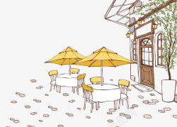 褐色的手绘桌子与凳子手绘卡通创意咖啡厅插画高清图片