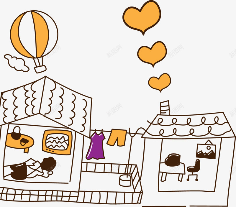 线条卡通温暖的家png免抠素材_新图网 https://ixintu.com 成家 温暖的家 温馨 热气球 爱心 爱情 装饰图案