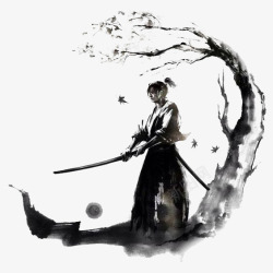 在树下中国风水墨画树下的剑客高清图片