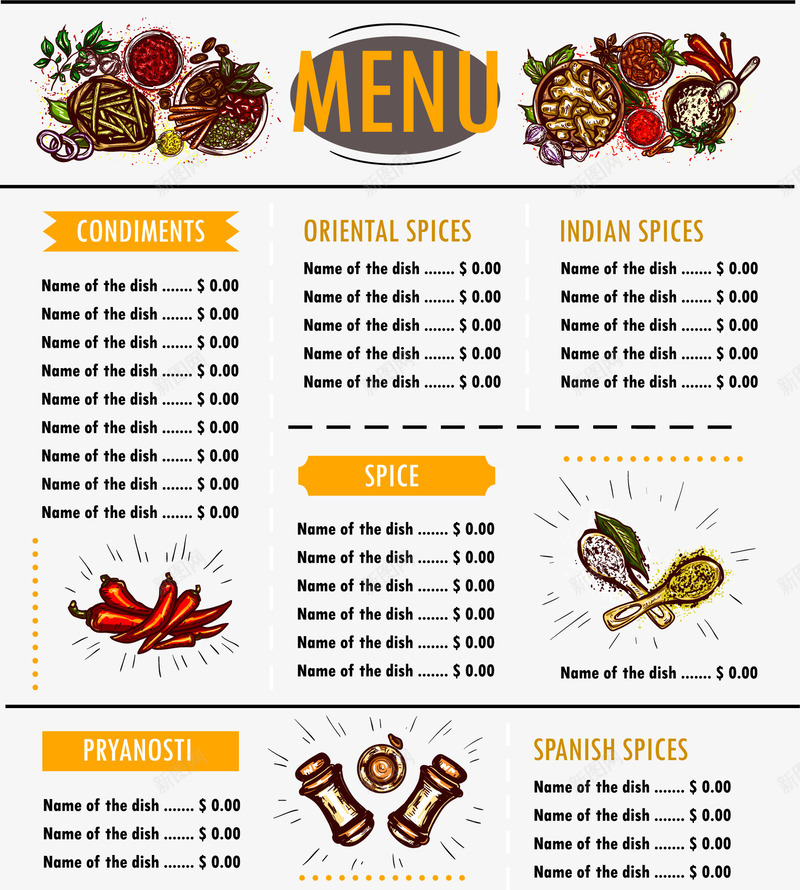 手绘菜单矢量图ai_新图网 https://ixintu.com 卡通 手绘 胡椒粉 菜单 调料 辣椒 食物 矢量图