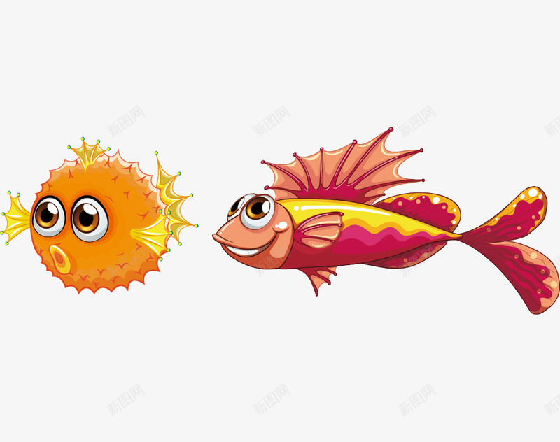 海底的两条鱼png免抠素材_新图网 https://ixintu.com 卡通 卡通河豚鱼 河豚 海底生物 红色 鱼类 黄色
