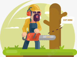 伐木工人听歌锯木头素材