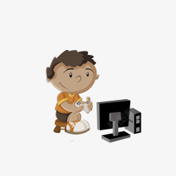 电脑手柄卡通坐着打电脑游侠的男孩高清图片