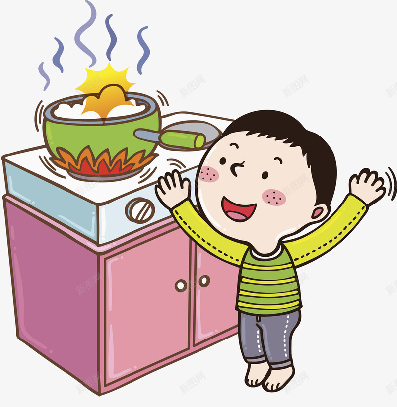 做饭的男孩png免抠素材_新图网 https://ixintu.com 做饭的 卡通 厨子 帮忙做饭的小男孩 炒勺 煤气灶 男孩 高兴地