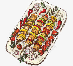 手绘烤盘手绘卡通烤盘烤肉串高清图片