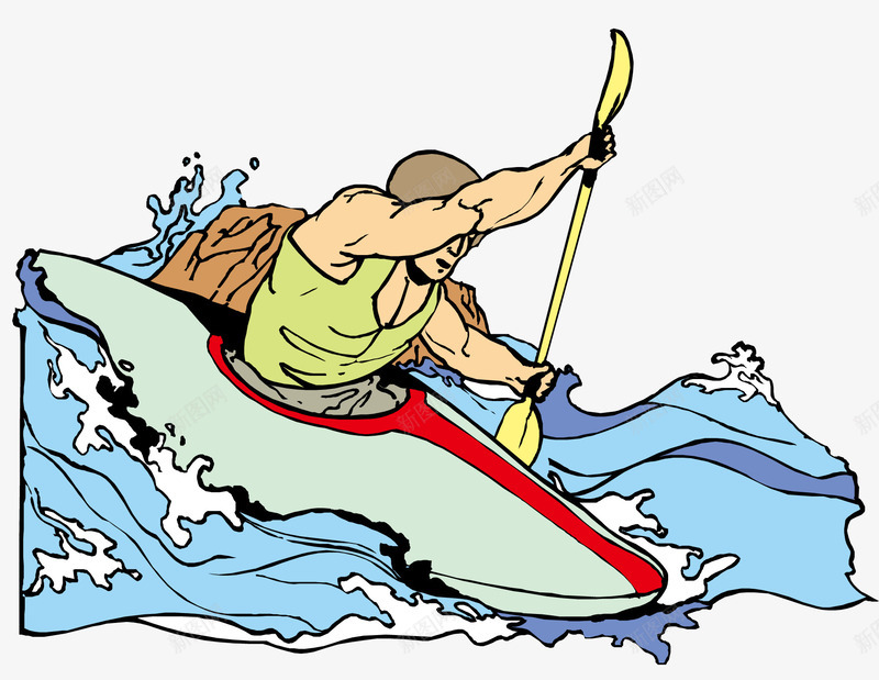 正在划船的人png免抠素材_新图网 https://ixintu.com 夏天 棕色的装饰 浅色的小船 绿色的衣服 蓝色的海水 黄色的船桨