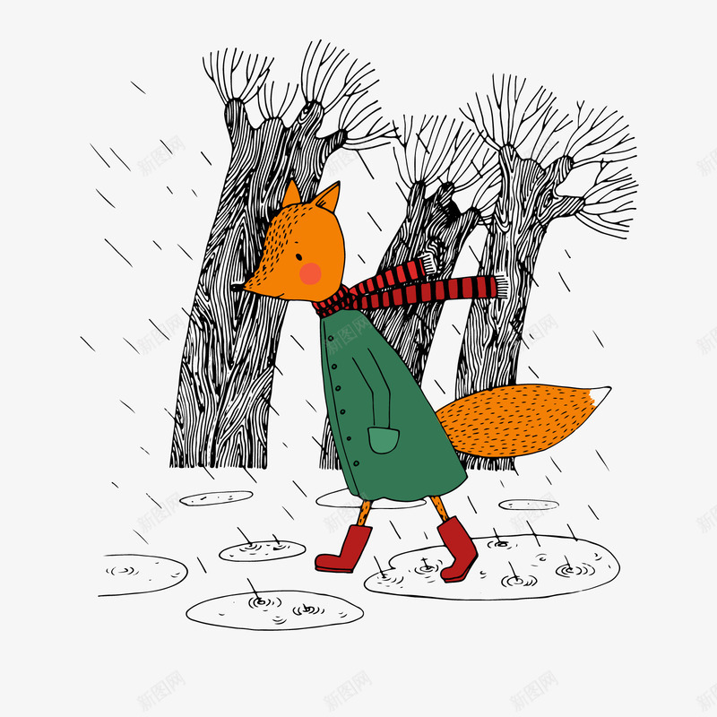 下雨中的狐狸png免抠素材_新图网 https://ixintu.com 下雨天 卡通动物 卡通树木 卡通狐狸 背景装饰