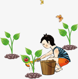 卡通少年树芽浇水植树节素材
