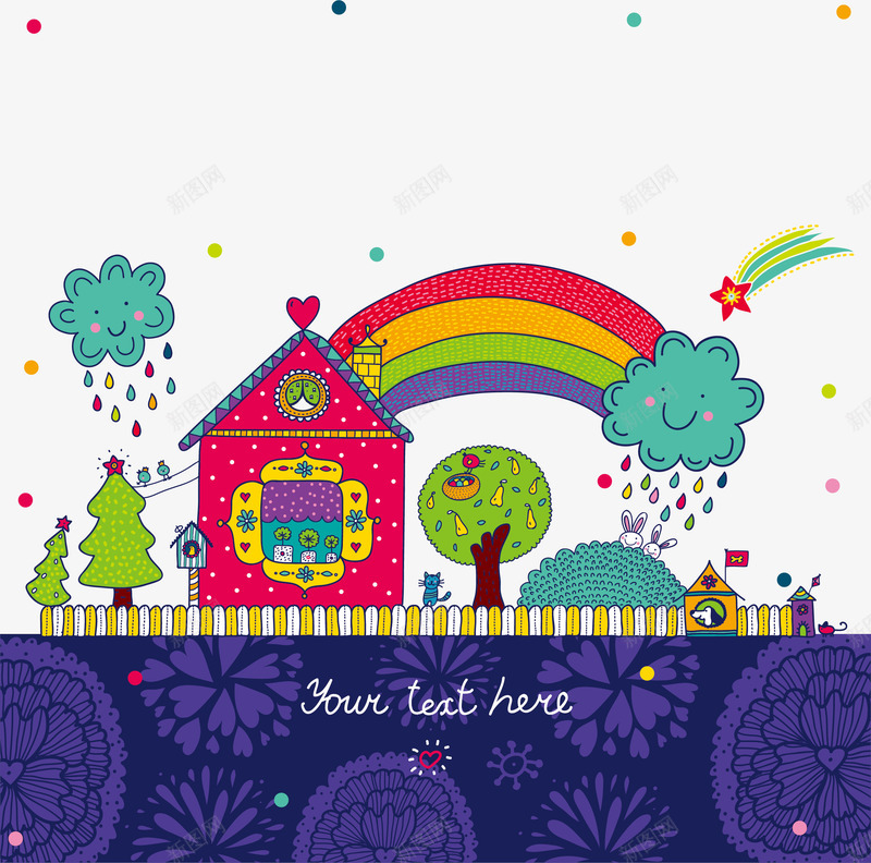 童话城堡png免抠素材_新图网 https://ixintu.com 云朵 彩色 彩虹 手绘 树木 流星 花纹 雨滴