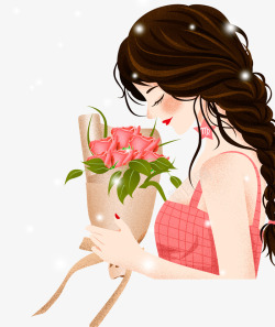 玫瑰巧克力小清新手绘拿玫瑰花的女孩高清图片