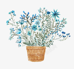 木桶花盆卡通蓝色花朵高清图片