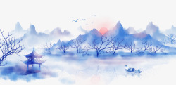 山水画彩色浅蓝色山水水墨高清图片