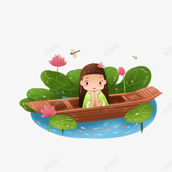 卡通手绘荷花池船上的女孩png免抠素材_新图网 https://ixintu.com 卡通 手绘 游泳的小鱼 船上的女孩 荷花池 蜻蜓