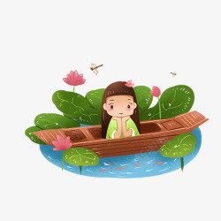 荷花池卡通卡通手绘荷花池船上的女孩高清图片