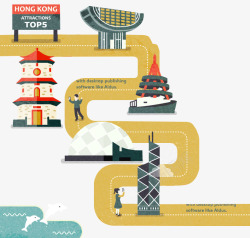 手绘香港建筑景点线路图素材