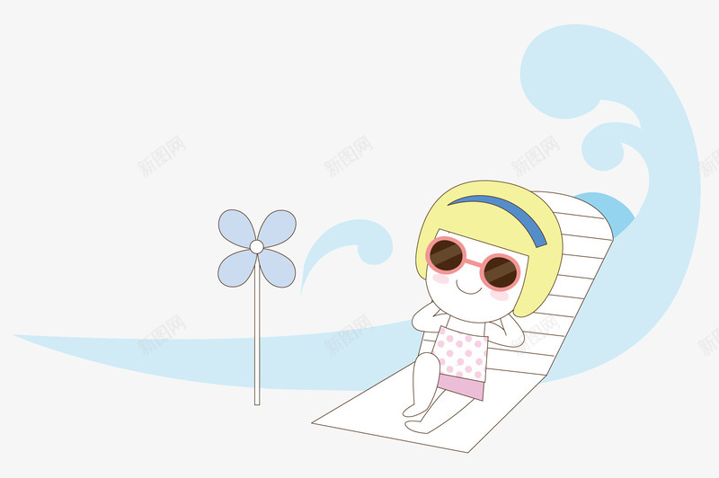 海边游玩的女生png免抠素材_新图网 https://ixintu.com 夏天 白色的躺椅 短发女生 蓝色的大海 风车 黄色头发