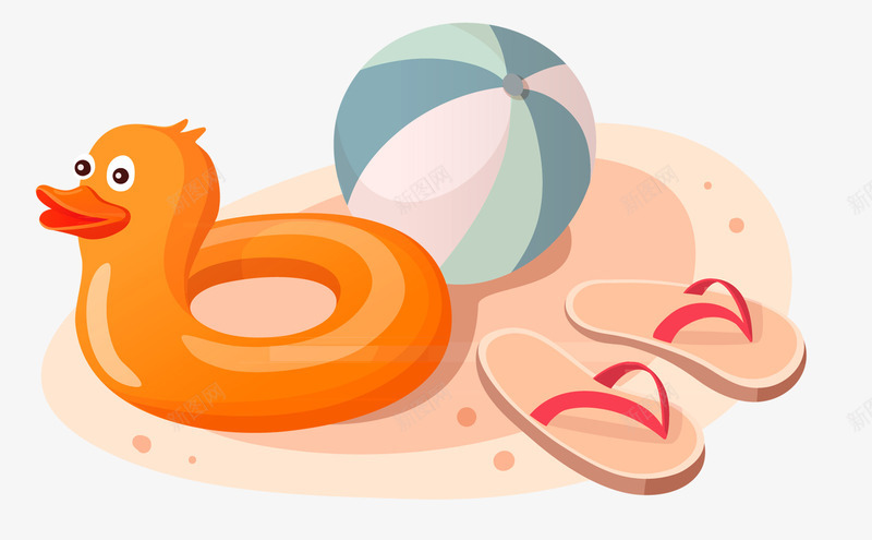 沙滩上的排球小鸭玩具png免抠素材_新图网 https://ixintu.com 卡通 小鸭玩具 手绘 拖鞋 排球 沙滩
