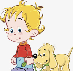 可爱小黄狗可爱卡通人物牵着黄狗的小男孩高清图片