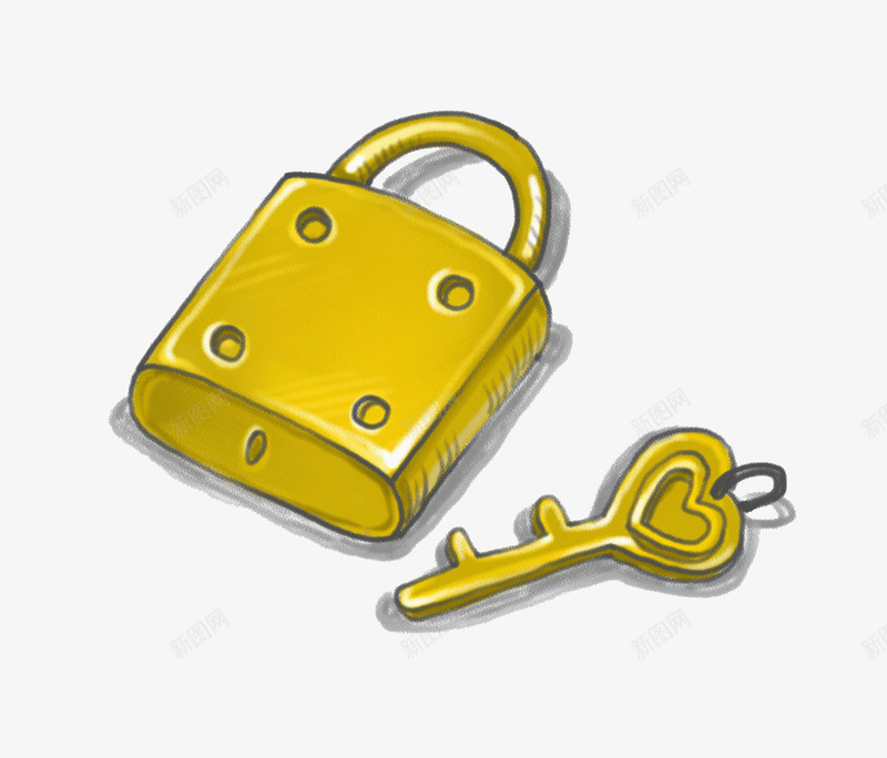 一把锁头png免抠素材_新图网 https://ixintu.com 卡通 安全的 手绘 装饰 钥匙 锁头 黄色的