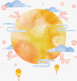 水彩兔水彩画的中秋月亮图高清图片