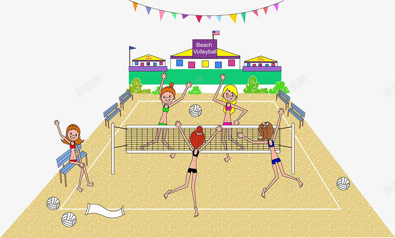 沙滩排球插画png免抠素材_新图网 https://ixintu.com 人 女性 排球 泳衣 球网 运动人群