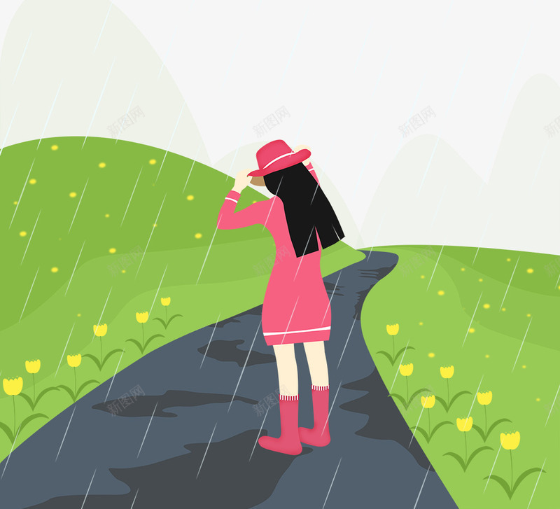 下雨天行走在路上的女孩psd免抠素材_新图网 https://ixintu.com 下雨天 女孩 帽子 红色衣服 花朵 草地 行走在路上的