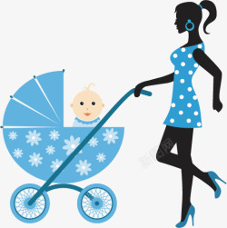 推婴儿车的妈妈母亲和婴儿矢量图高清图片