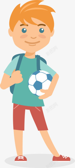 拿着足球背着书包的可爱小男孩高清图片