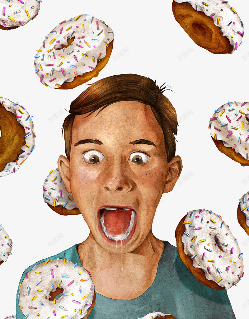 流口水的男孩和飞起来的甜甜圈png免抠素材_新图网 https://ixintu.com 流口水的男孩 面包 飞起来的甜甜圈 馋嘴表情图