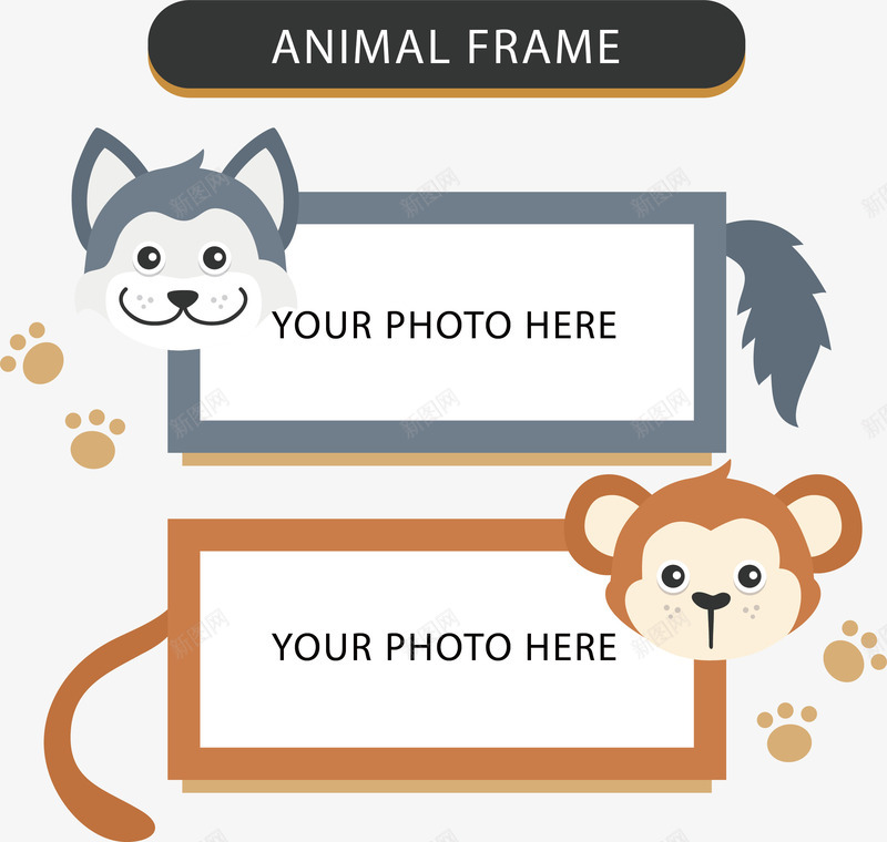 动物相框png免抠素材_新图网 https://ixintu.com 动物 可爱 手绘 棕色猴子 狗掌 狗掌印 相框 脚印 蓝色小狗