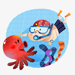 卡通小章鱼小男孩的潜泳探险装饰高清图片