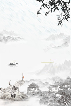 水墨小船中国风水墨山水背景素高清图片