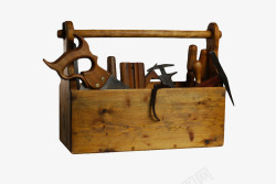 复古风手提物品棕色木质盒子装满五金工具实物高清图片