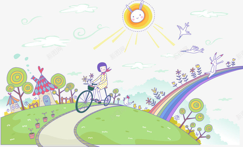 骑自行车的小女孩png免抠素材_新图网 https://ixintu.com 小女孩 彩虹桥 自行车