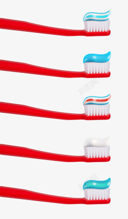 日用毛刷三个挤了牙膏的红色牙刷实物高清图片