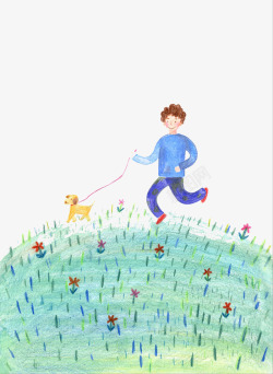 男孩跳跃水彩插画遛狗的男孩高清图片