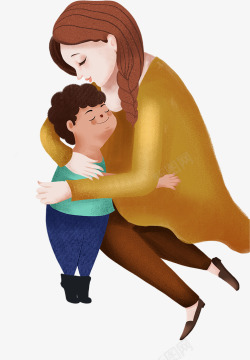雨天拥抱手绘可爱人物插画母亲节拥抱妈妈高清图片