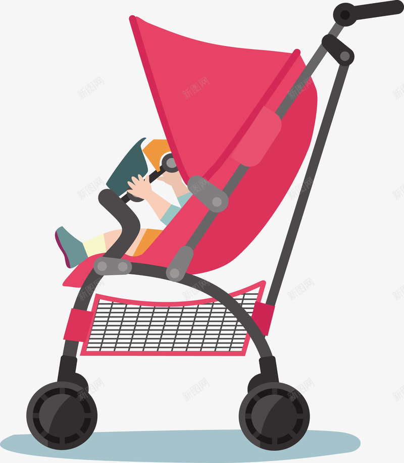 红色的婴儿车和婴儿矢量图eps免抠素材_新图网 https://ixintu.com 婴儿 婴儿车 推车 推车png 推车矢量图 矢量图